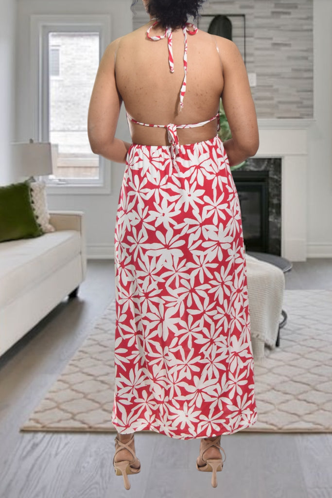 Ladies Cerise Floral Backless Dress - StylePhase SA