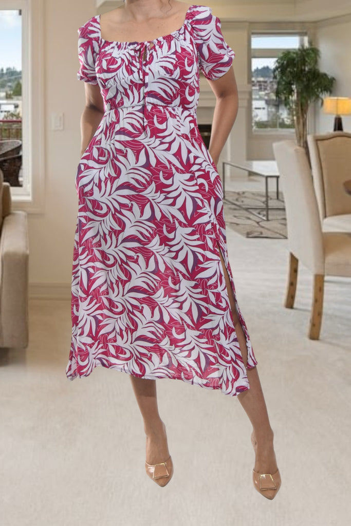 Ladies Cerise Floral Slit Dress - StylePhase SA