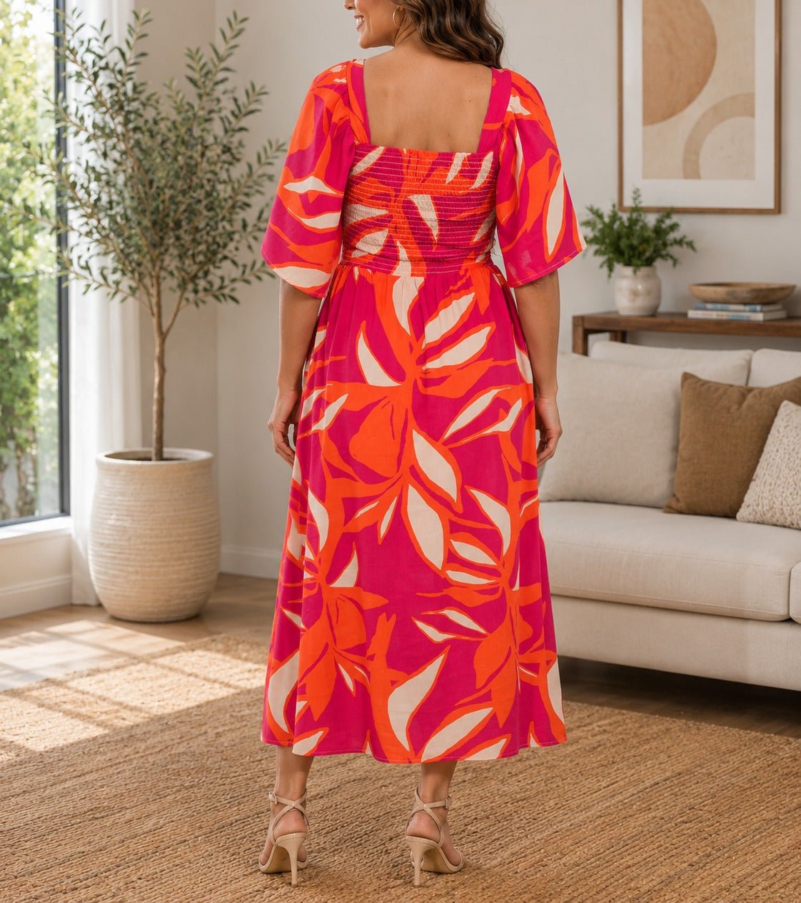 Ladies Cerise Floral Square Neck Dress - StylePhase SA