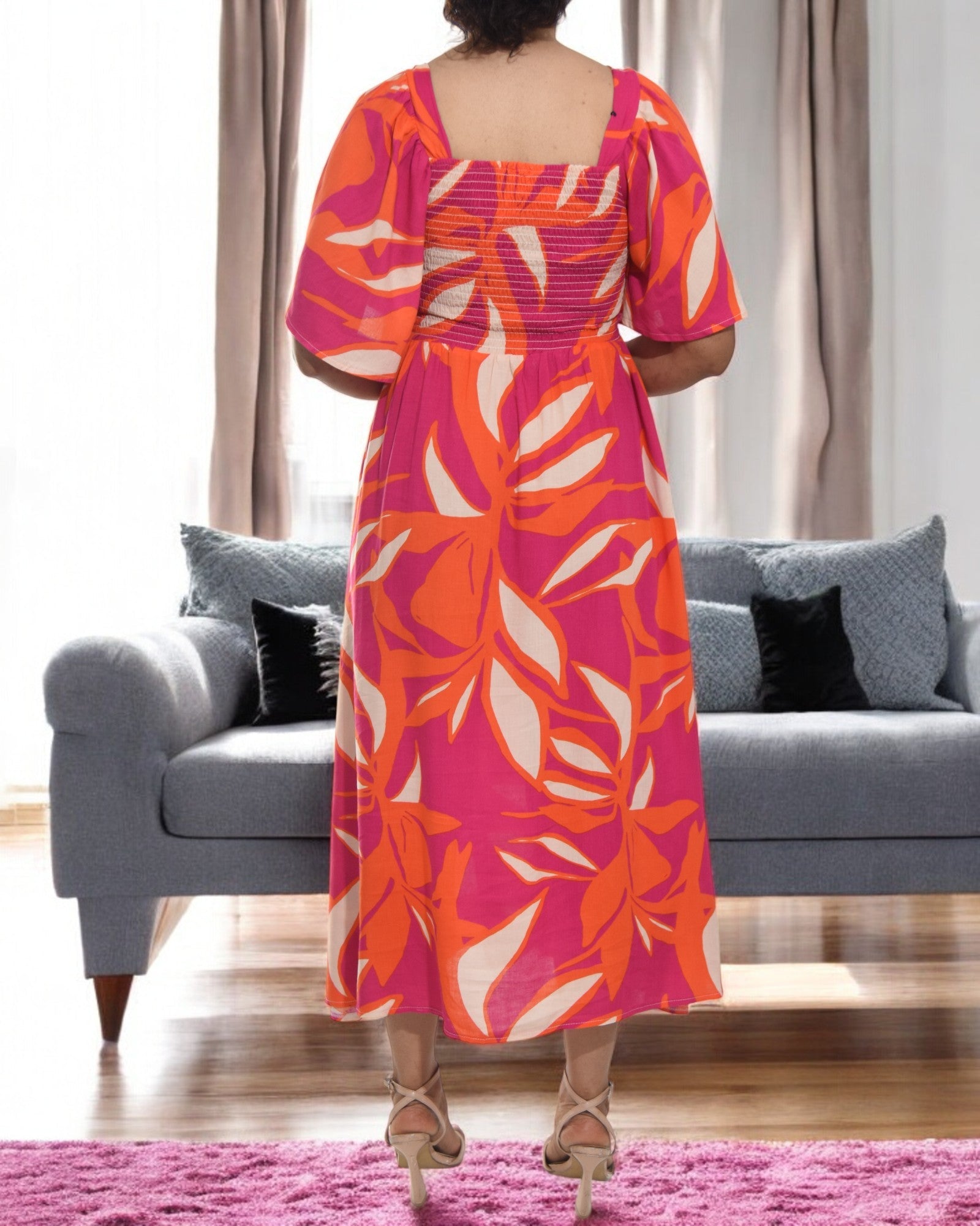 Ladies Cerise Floral Square Neck Dress - StylePhase SA