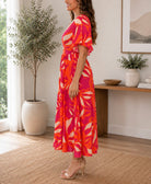 Ladies Cerise Floral Square Neck Dress - StylePhase SA