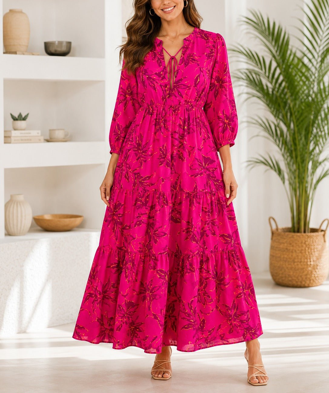 Ladies Cerise Floral Tier Dress - StylePhase SA