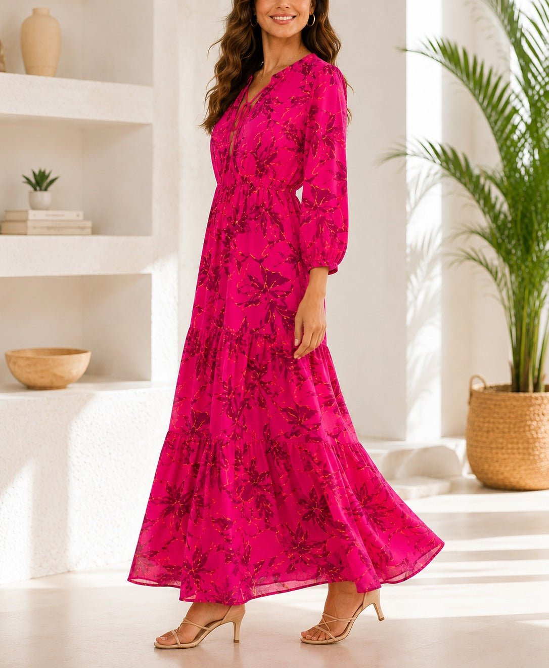 Ladies Cerise Floral Tier Dress - StylePhase SA