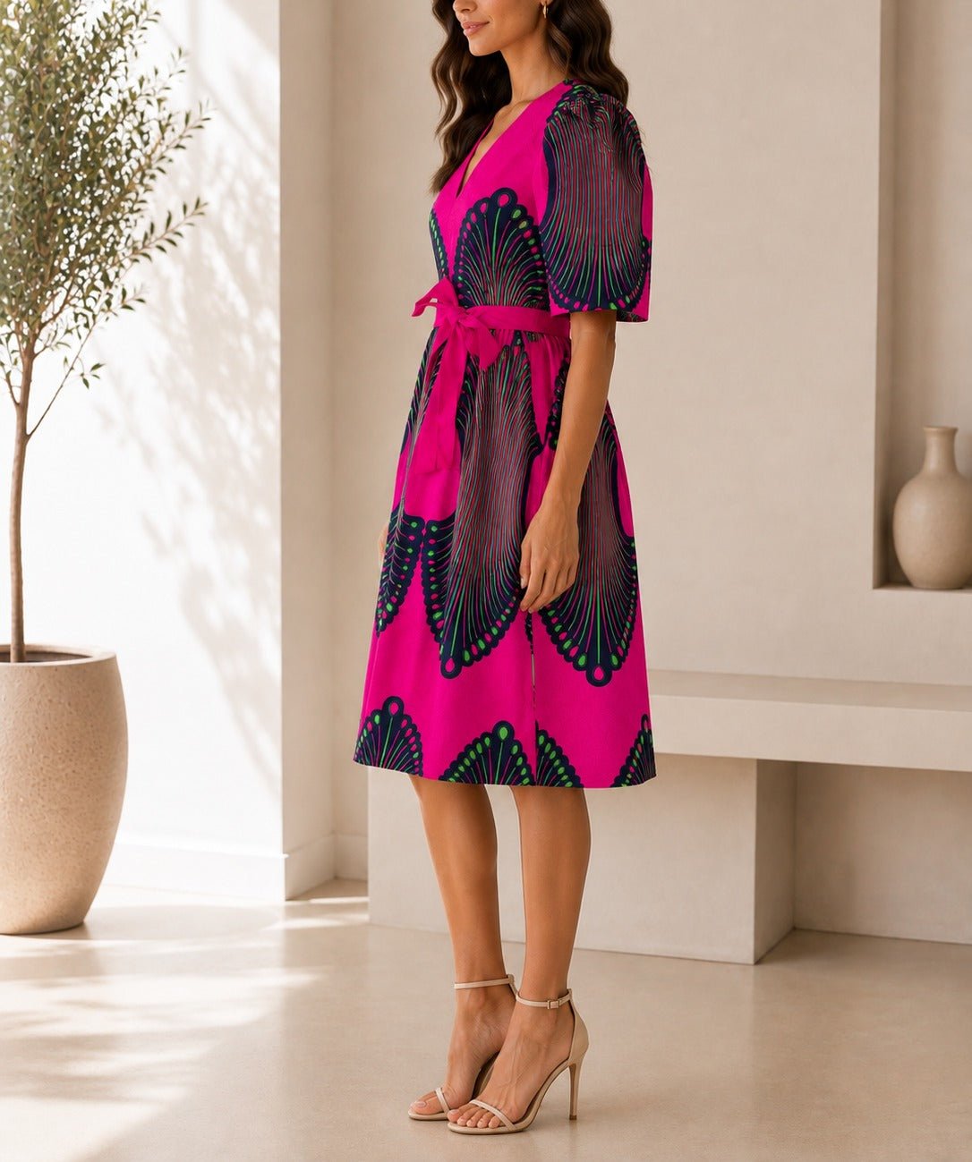 Ladies Cerise Printed Zip Back Mini Dress - StylePhase SA