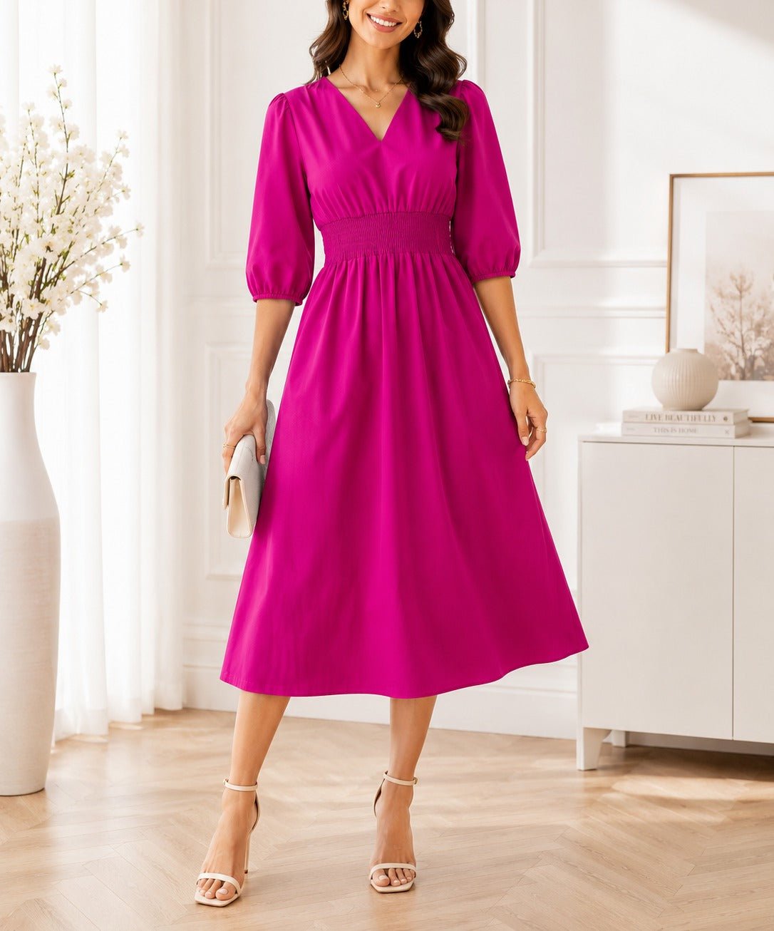 Ladies Cerise Smocked Waist Band Midi Dress - StylePhase SA