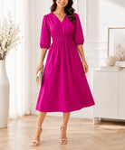 Ladies Cerise Smocked Waist Band Midi Dress - StylePhase SA