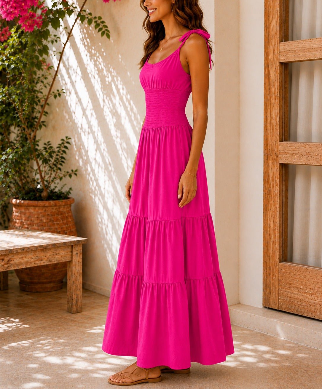 Ladies Cerise Tie Shoulder Tiered Maxi Dress - StylePhase SA