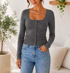 Ladies Charcoal Button Front Scoop Neck Knit Cardigan - StylePhase SA