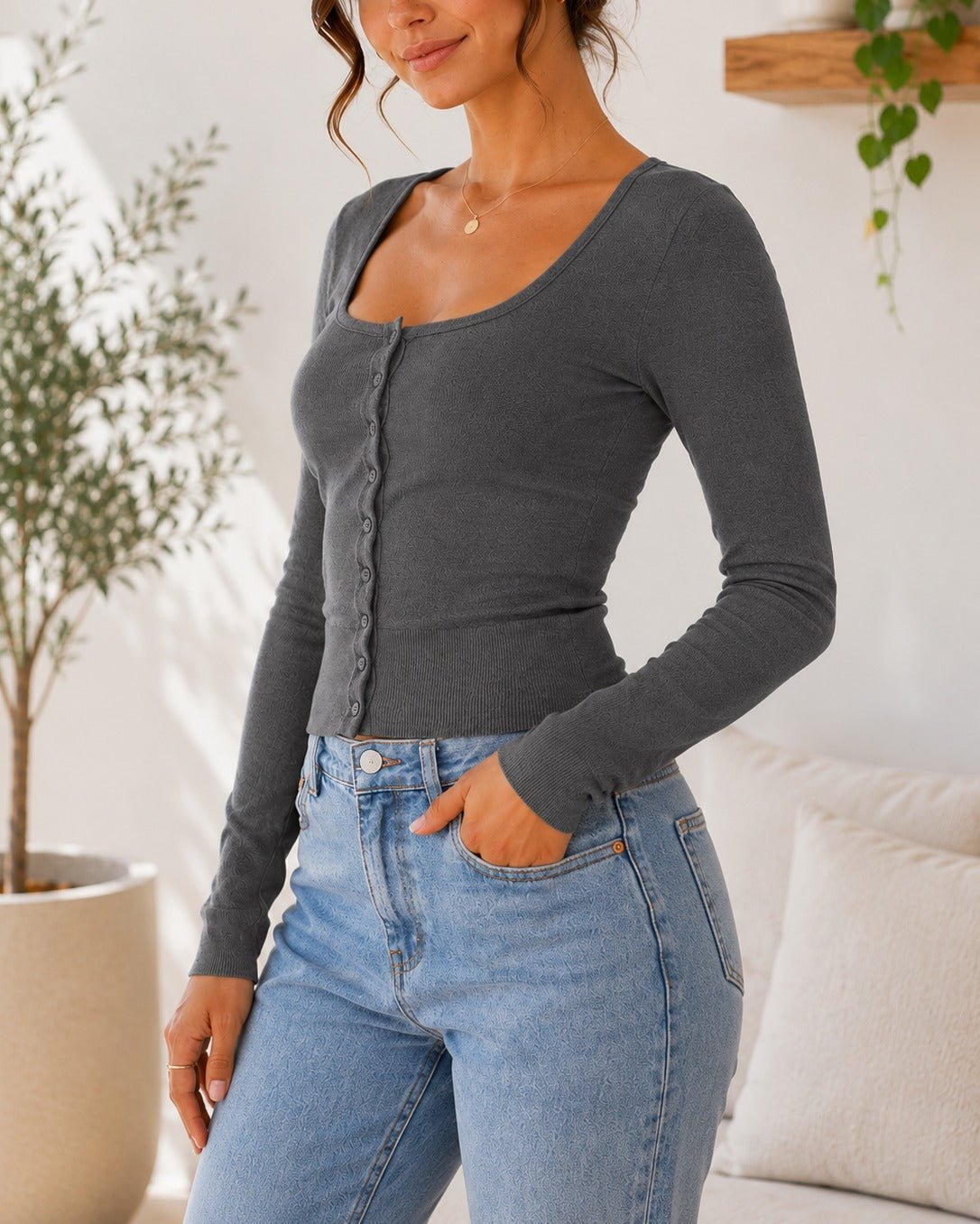 Ladies Charcoal Button Front Scoop Neck Knit Cardigan - StylePhase SA