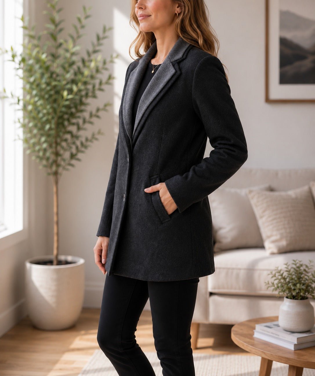 Ladies Charcoal Double Collar Slim Fit Blazer Coat - StylePhase SA