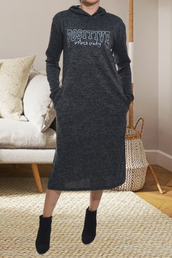 Ladies Charcoal Hoody Knit Dress - Positive Vibes Only - StylePhase SA