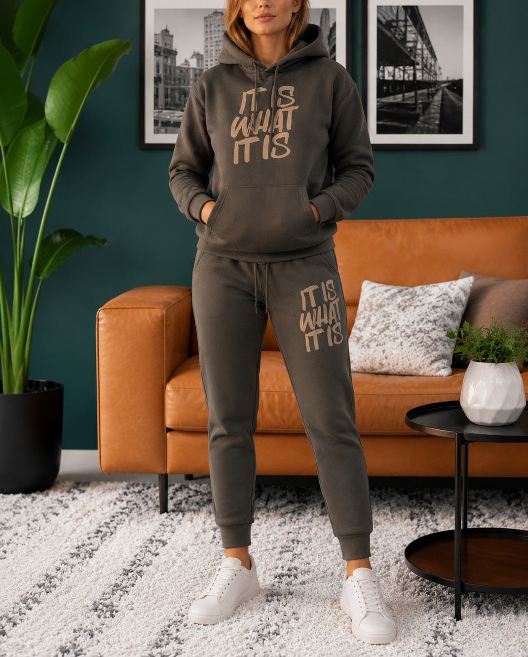 Ladies Charcoal Printed Fleece Tracksuit - It Is What It Is - StylePhase SA