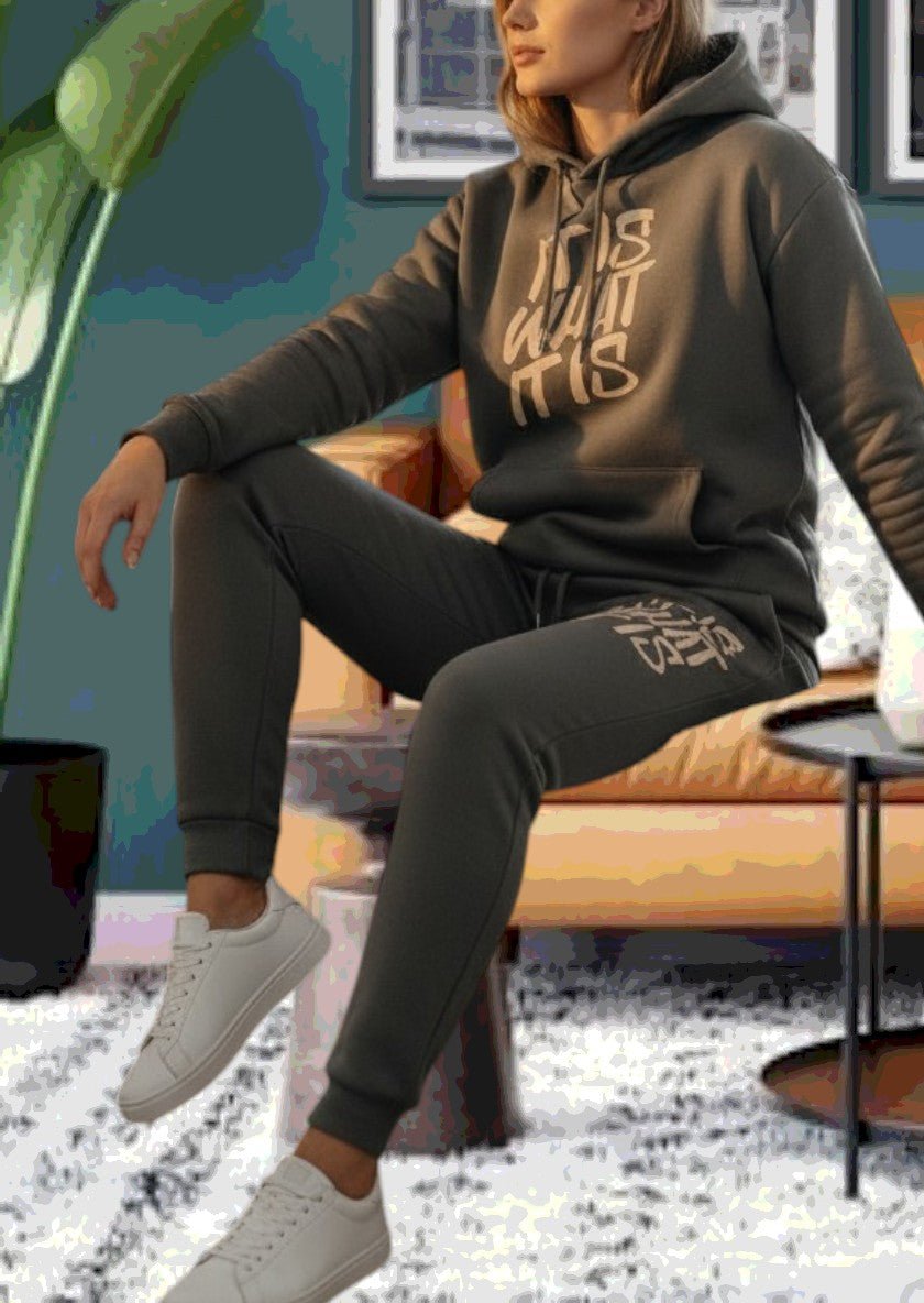 Ladies Charcoal Printed Fleece Tracksuit - It Is What It Is - StylePhase SA