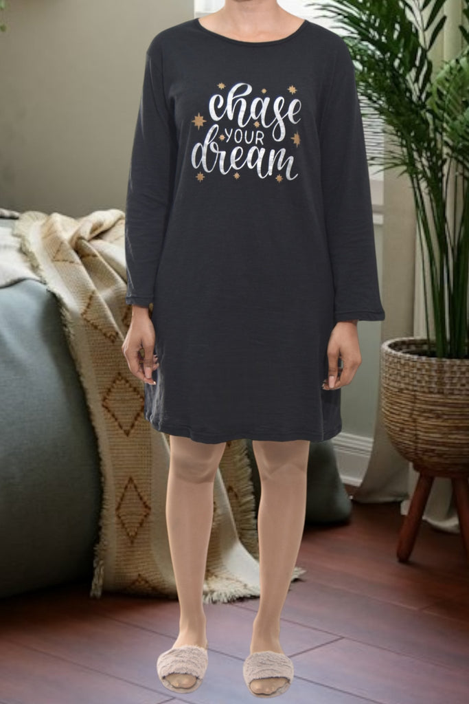 Ladies Charcoal Printed Sleep Shirt - Chase Your Dreams - StylePhase SA