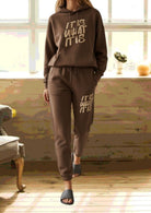 Ladies Choc Brown Printed Fleece Tracksuit - It Is What It Is - StylePhase SA
