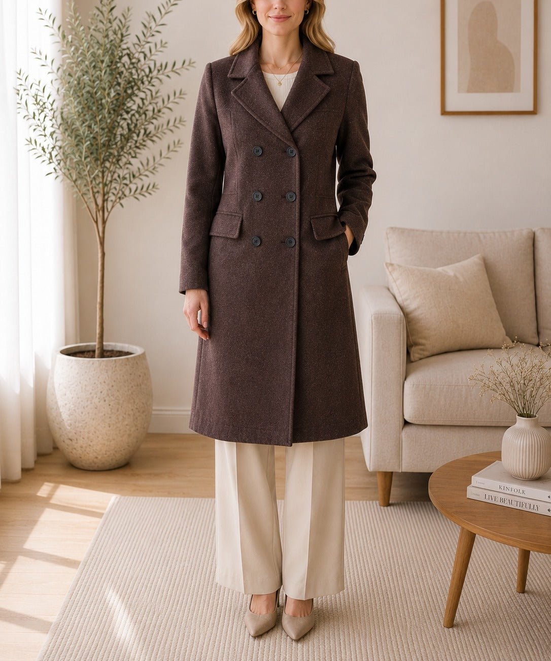 Ladies Chocolate 6 Button Melton Open Coat - StylePhase SA