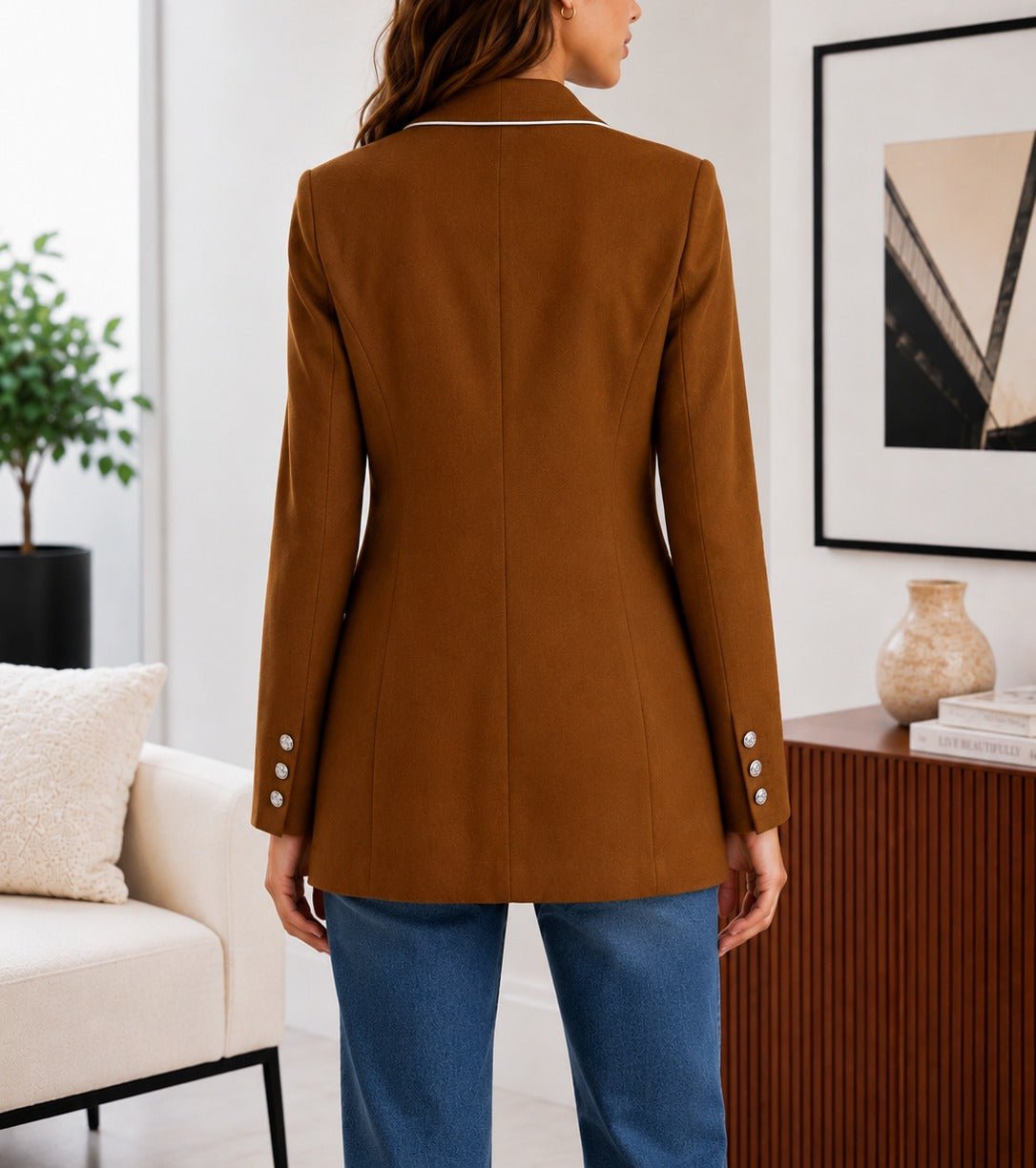 Ladies Chocolate Brown Double-Breasted Tailored Longline Coat - StylePhase SA