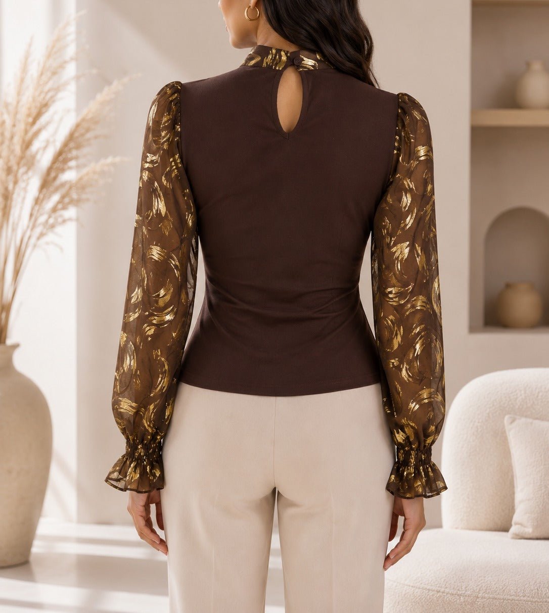 Ladies Chocolate Floral Print Tie Neck Mesh Sleeve Top - StylePhase SA