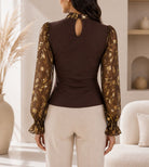 Ladies Chocolate Floral Print Tie Neck Mesh Sleeve Top - StylePhase SA