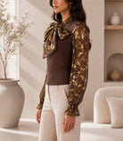 Ladies Chocolate Floral Print Tie Neck Mesh Sleeve Top - StylePhase SA