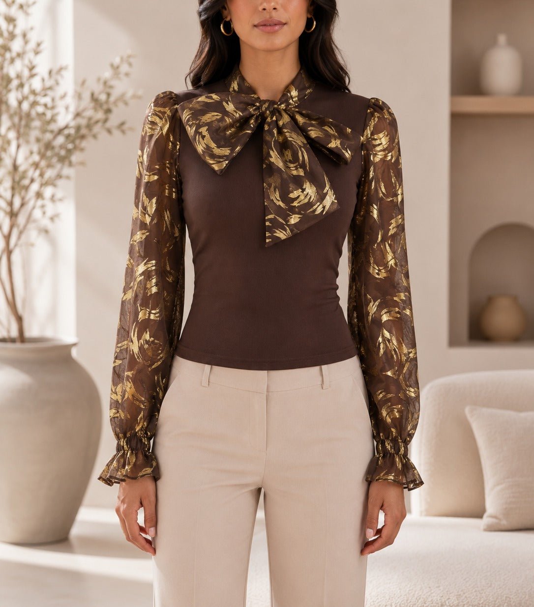 Ladies Chocolate Floral Print Tie Neck Mesh Sleeve Top - StylePhase SA