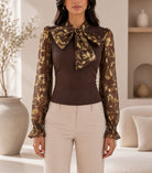 Ladies Chocolate Floral Print Tie Neck Mesh Sleeve Top - StylePhase SA