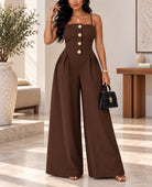 Ladies Coffee Brown Pleated Wide Leg Button Detail Jumpsuit - StylePhase SA