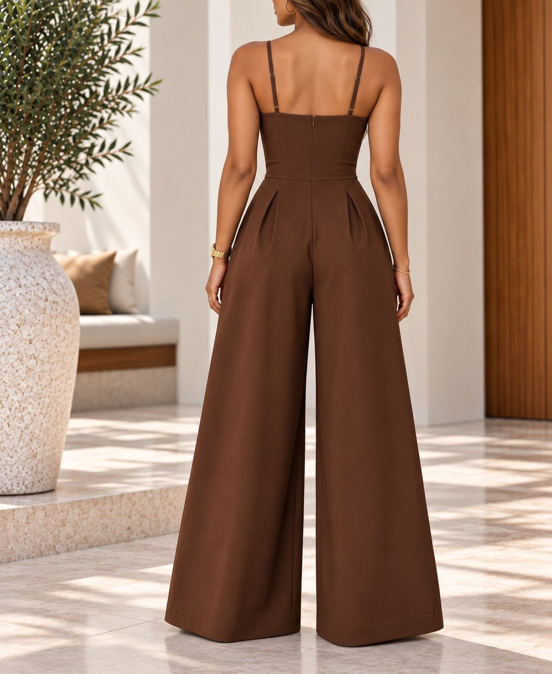 Ladies Coffee Brown Pleated Wide Leg Button Detail Jumpsuit - StylePhase SA