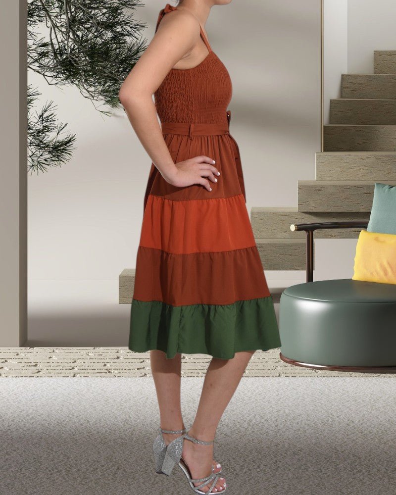 Ladies Color Block Tiered Brown Dress - StylePhase SA