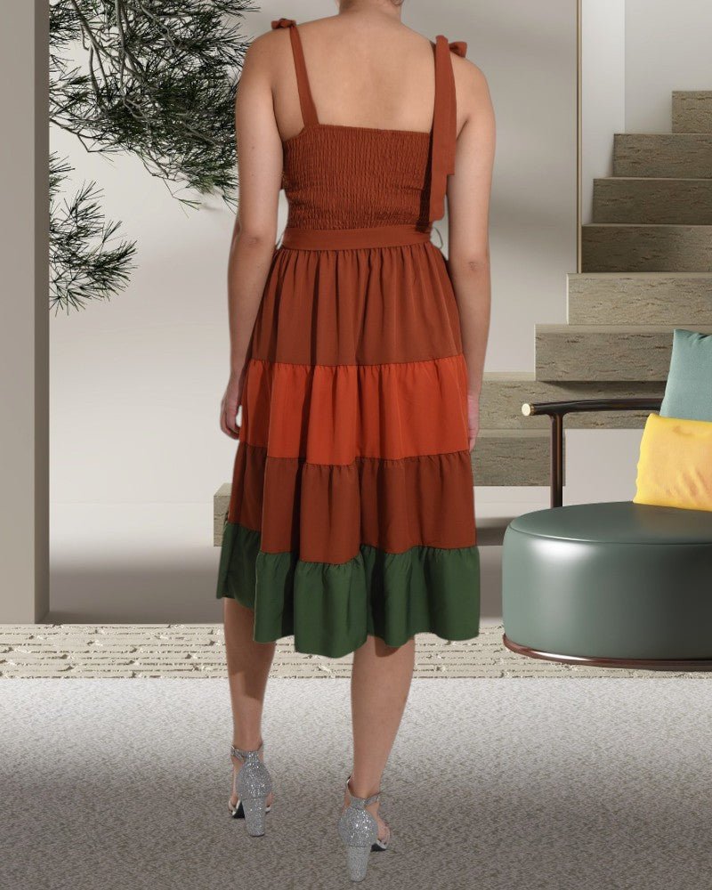 Ladies Color Block Tiered Brown Dress - StylePhase SA