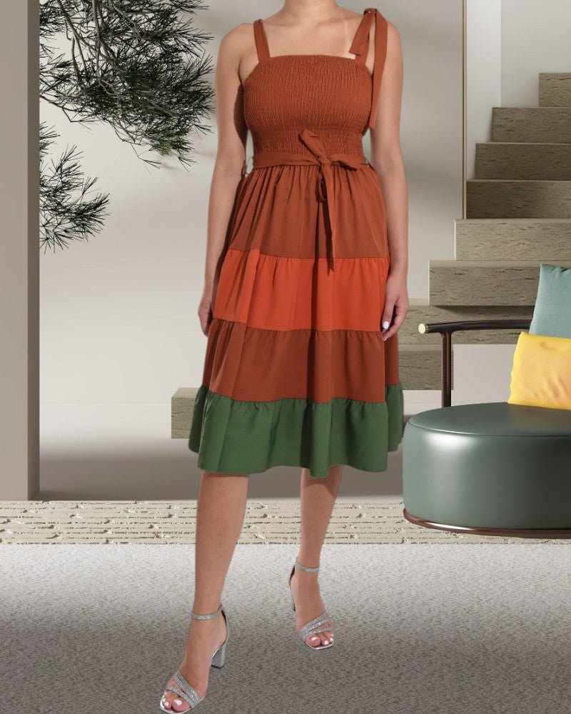 Ladies Color Block Tiered Brown Dress - StylePhase SA