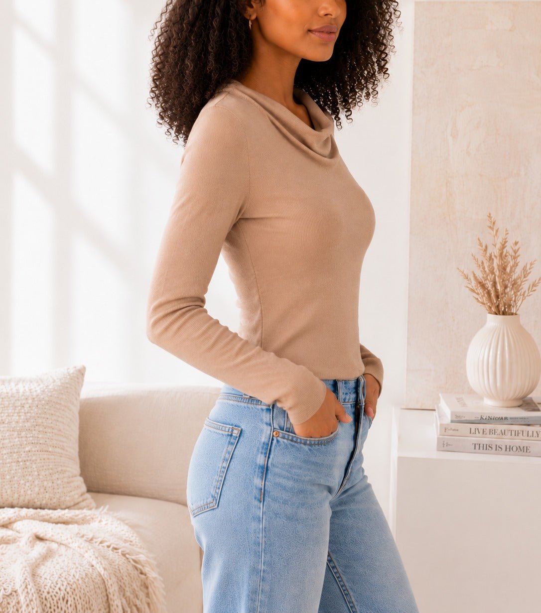 Ladies Cowl Neck New Feeling Top-Beige - StylePhase SA