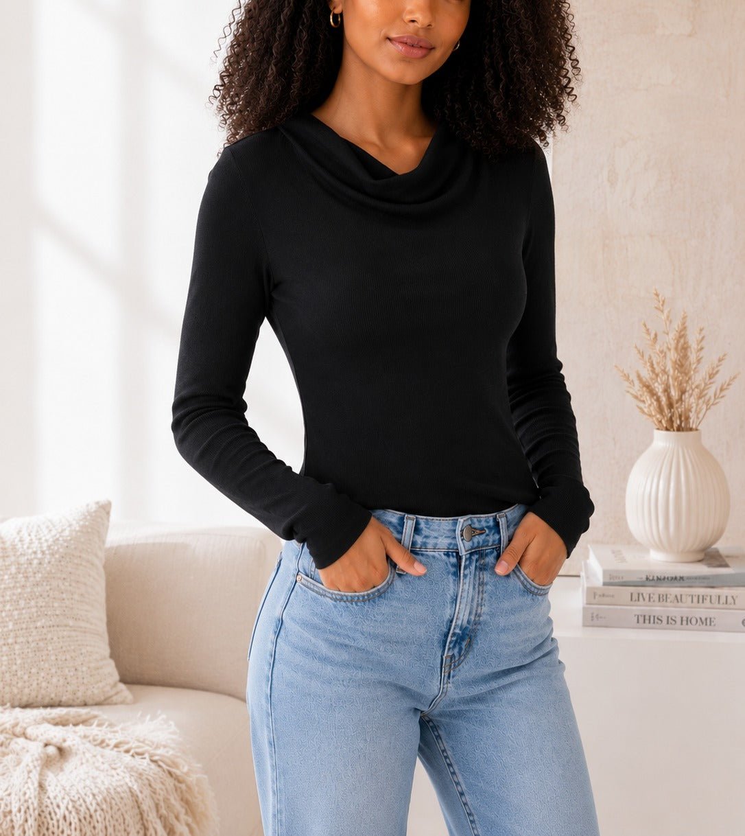 Ladies Cowl Neck New Feeling Top-Black - StylePhase SA