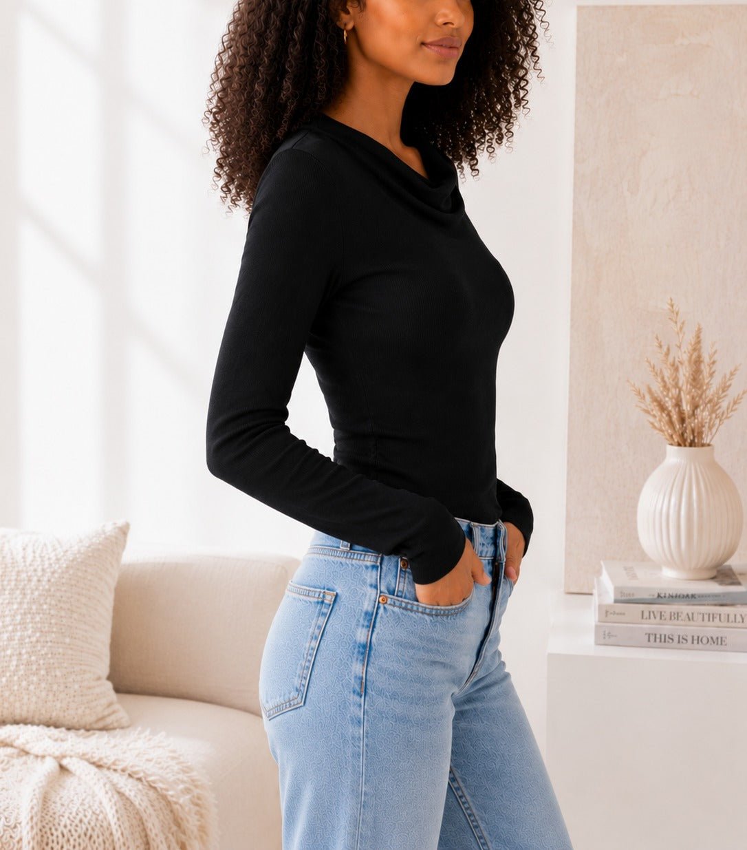 Ladies Cowl Neck New Feeling Top-Black - StylePhase SA