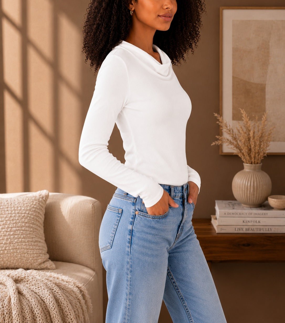 Ladies Cowl Neck New Feeling Top-White - StylePhase SA