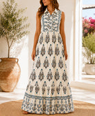 Ladies Cream And Blue Sleeveless Paisley Print Maxi dress - StylePhase SA