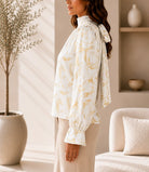 Ladies Cream And Gold High Neck Printed Long Sleeve Blouse - StylePhase SA