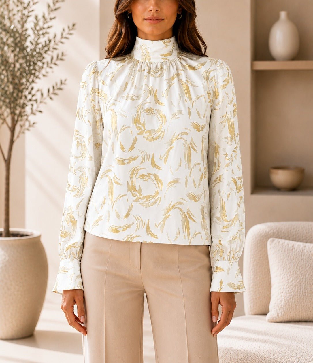 Ladies Cream And Gold High Neck Printed Long Sleeve Blouse - StylePhase SA