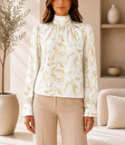 Ladies Cream And Gold High Neck Printed Long Sleeve Blouse - StylePhase SA