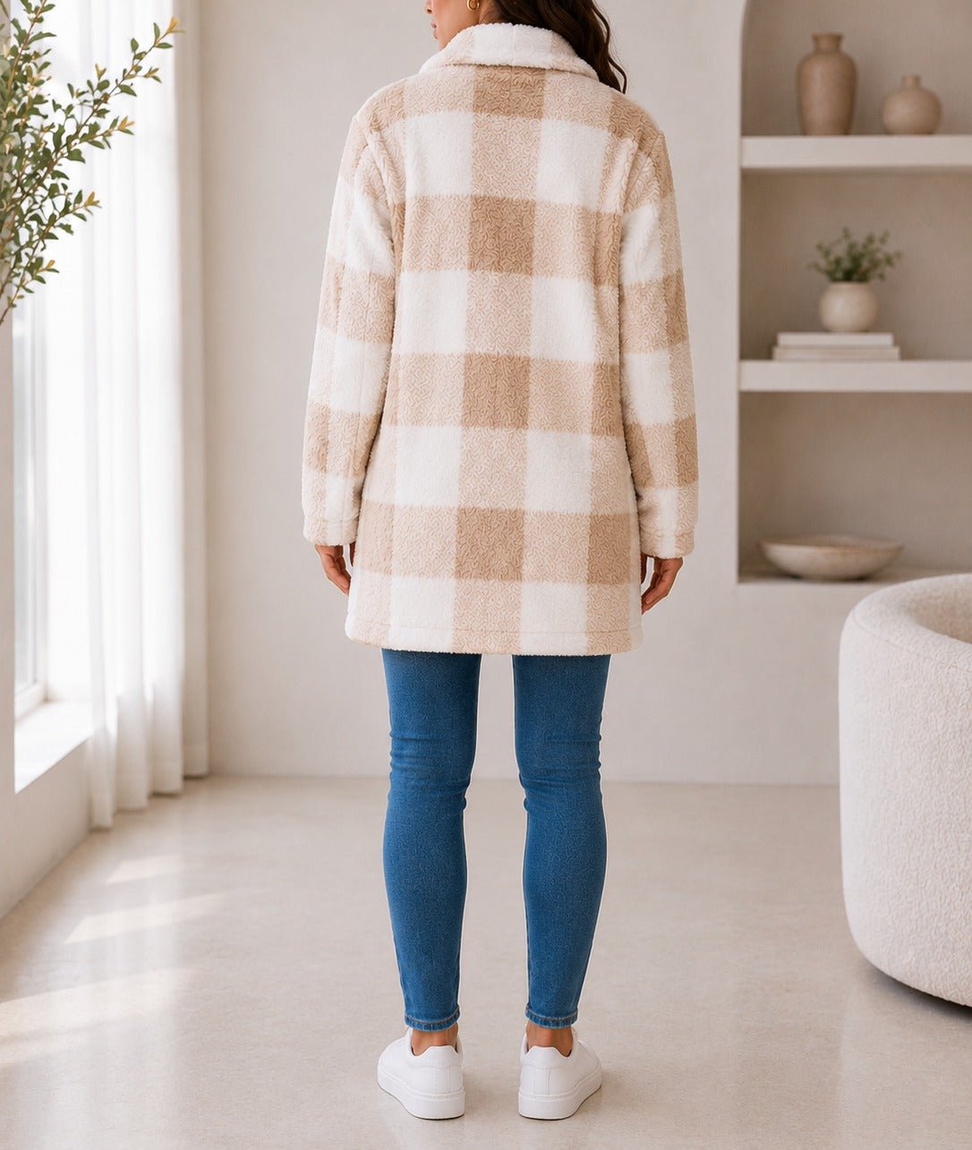 Ladies Cream And White Check Pattern Plush Top - StylePhase SA