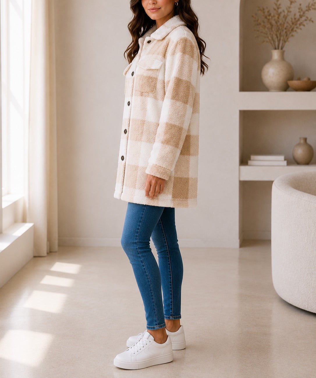 Ladies Cream And White Check Pattern Plush Top - StylePhase SA