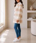 Ladies Cream And White Check Pattern Plush Top - StylePhase SA