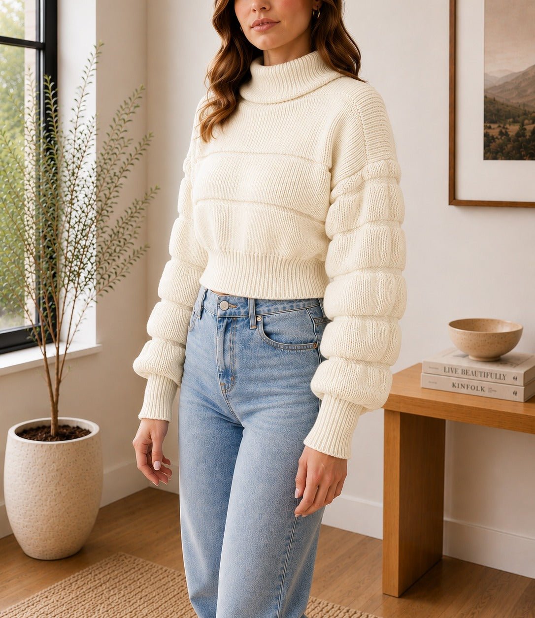 Ladies Cream Balloon Sleeve Turtleneck Jersey - StylePhase SA