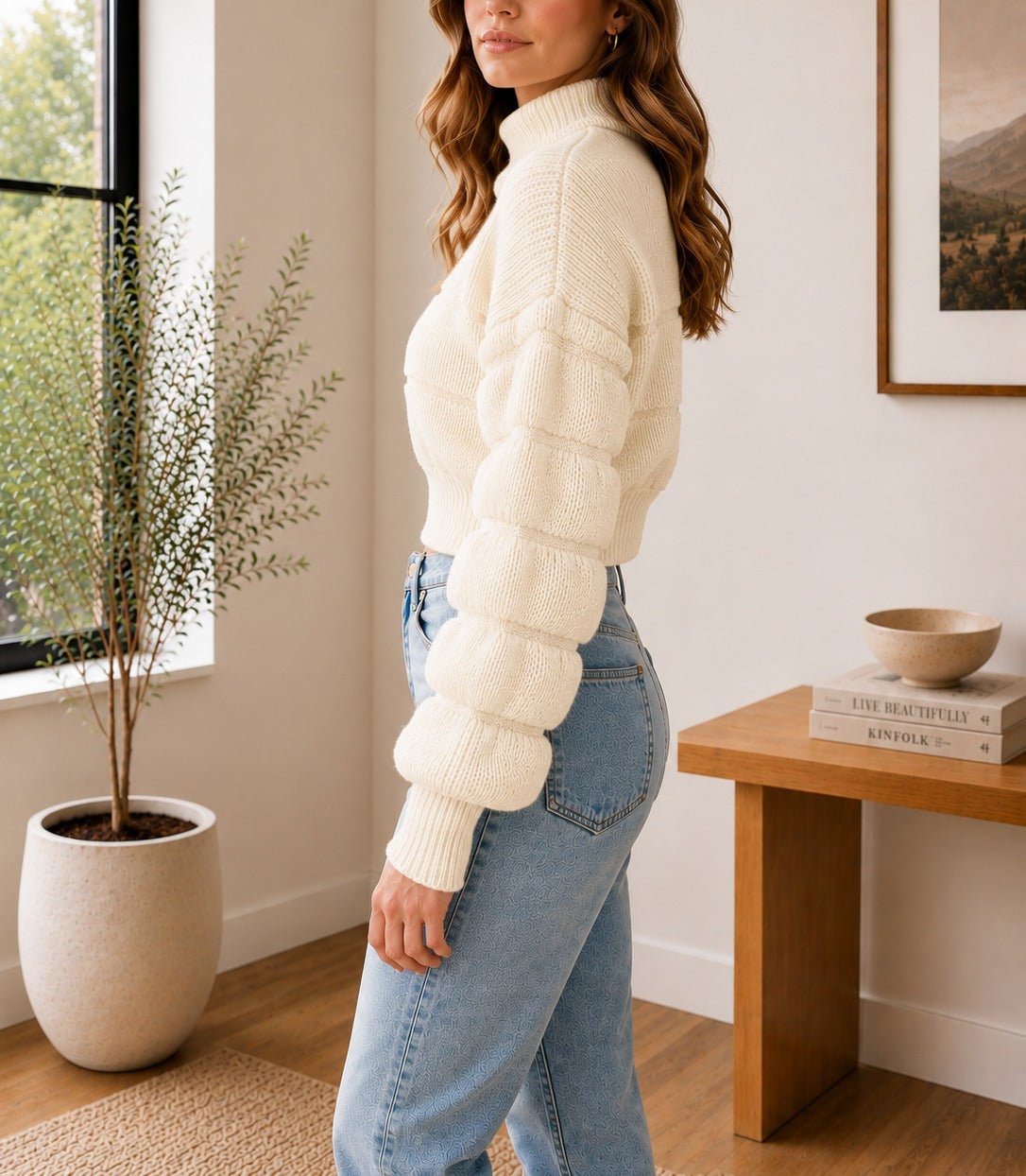 Ladies Cream Balloon Sleeve Turtleneck Jersey - StylePhase SA
