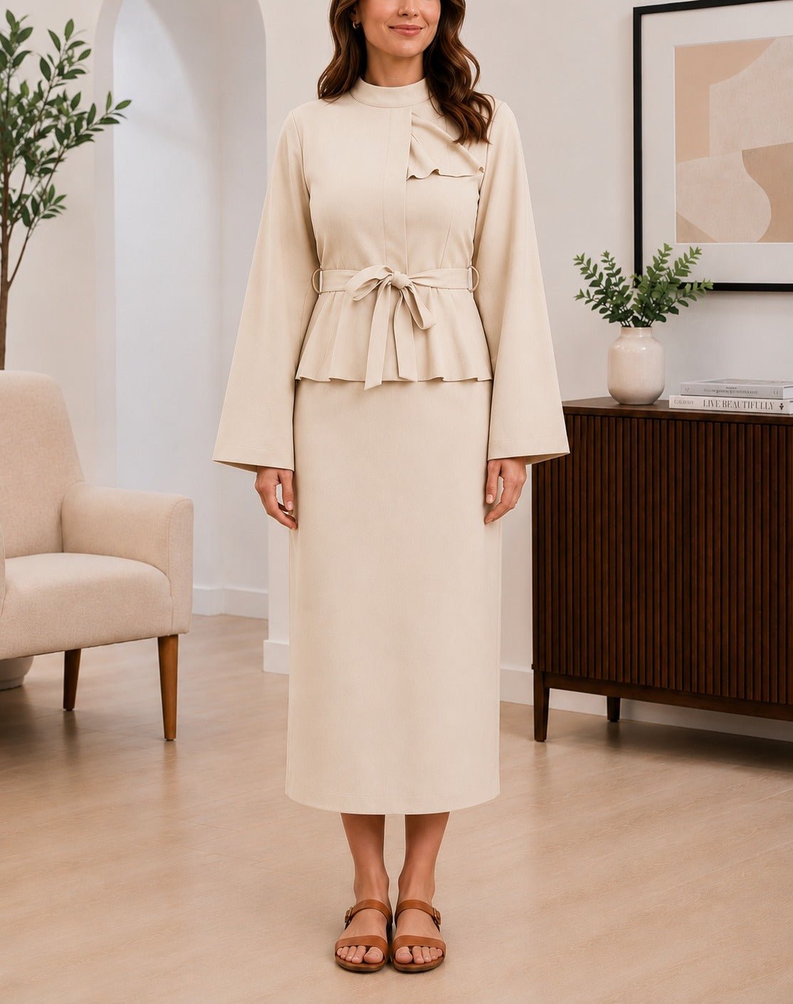 Ladies Cream Belted Peplum Midi Dress - StylePhase SA