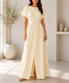 Ladies Cream Buckle Belt front Slit Maxi Dress - StylePhase SA