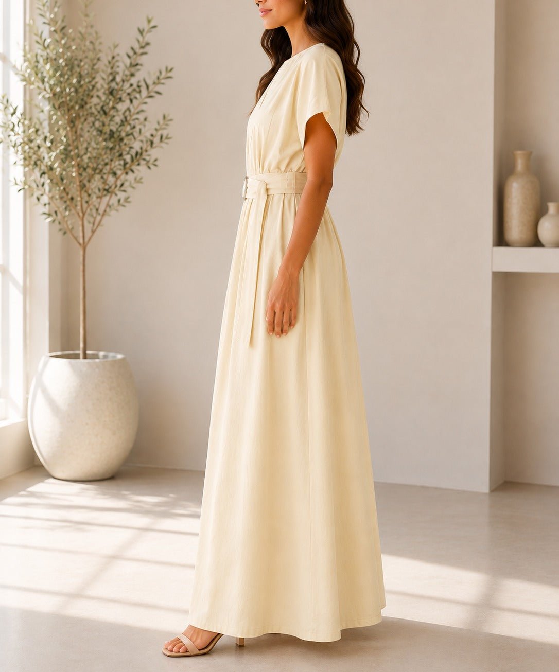 Ladies Cream Buckle Belt front Slit Maxi Dress - StylePhase SA