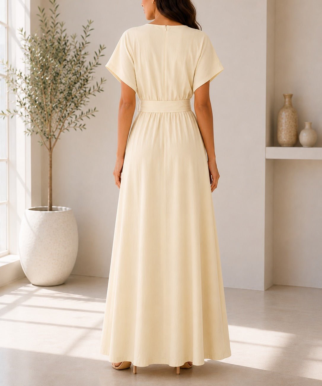 Ladies Cream Buckle Belt front Slit Maxi Dress - StylePhase SA
