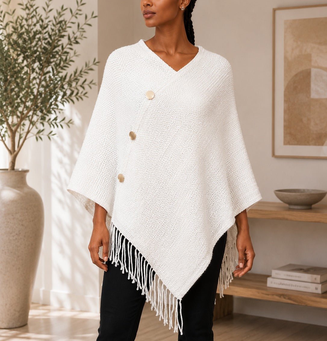 Ladies Cream Button Detailed Knit Poncho - StylePhase SA