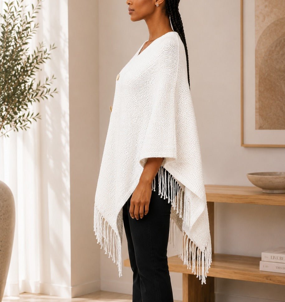 Ladies Cream Button Detailed Knit Poncho - StylePhase SA
